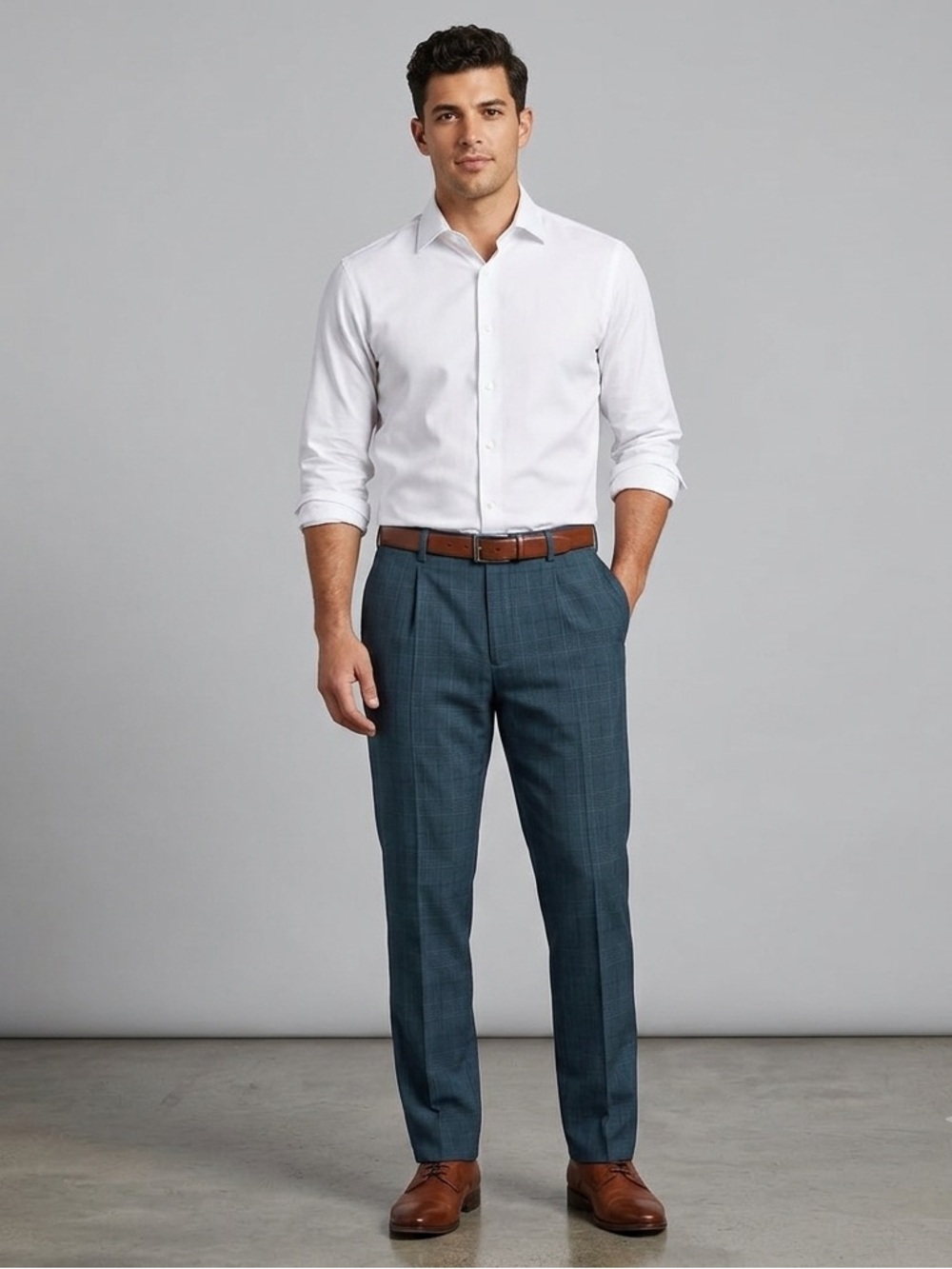 Perry Ellis Portfolio Navy Blue Plaid Slim Fit Dress Pants, 34x30